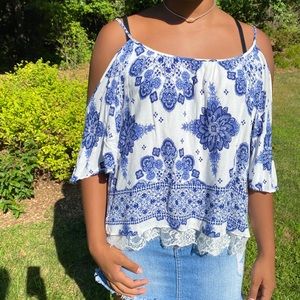 Cold Shoulder Blue and White Butterfly Top